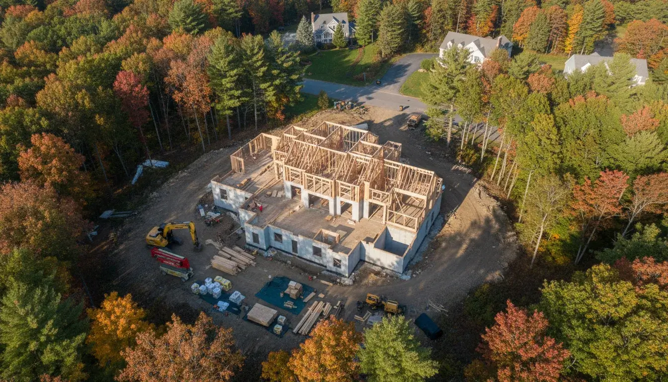 Custom home under construction in a Massachusetts suburban neighborhood showing framing phase