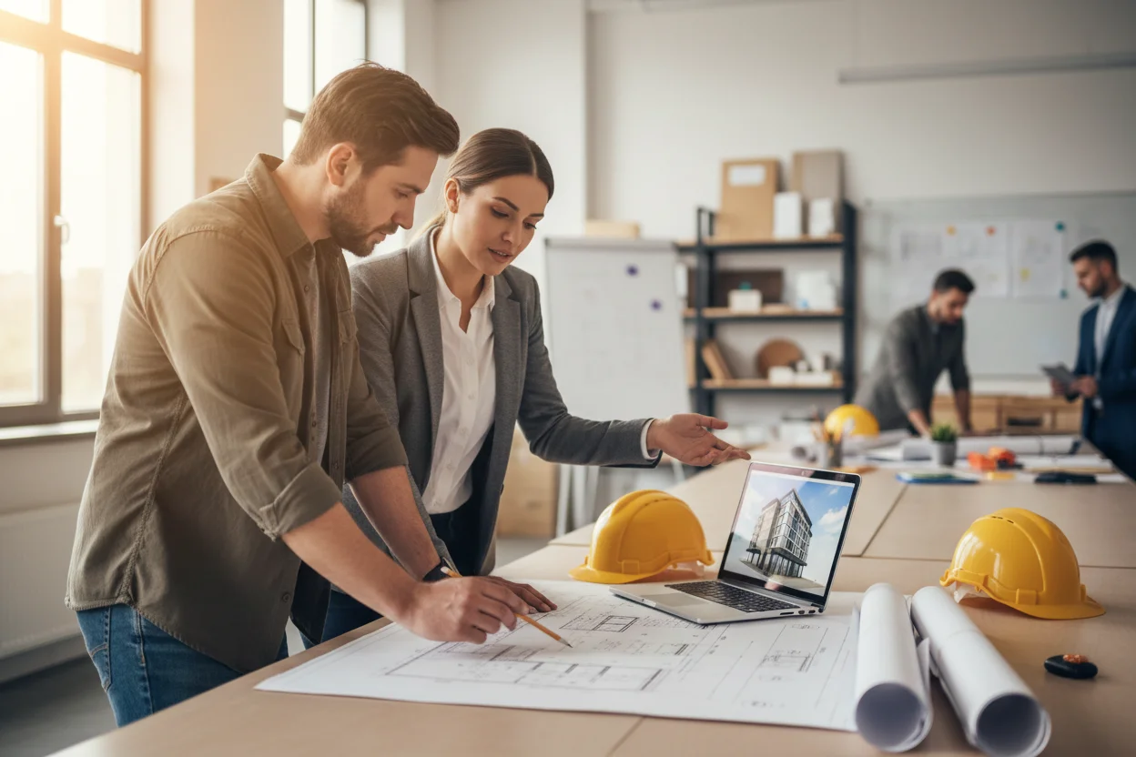 Builder and architect collaborating on design-build plans in a Massachusetts construction office