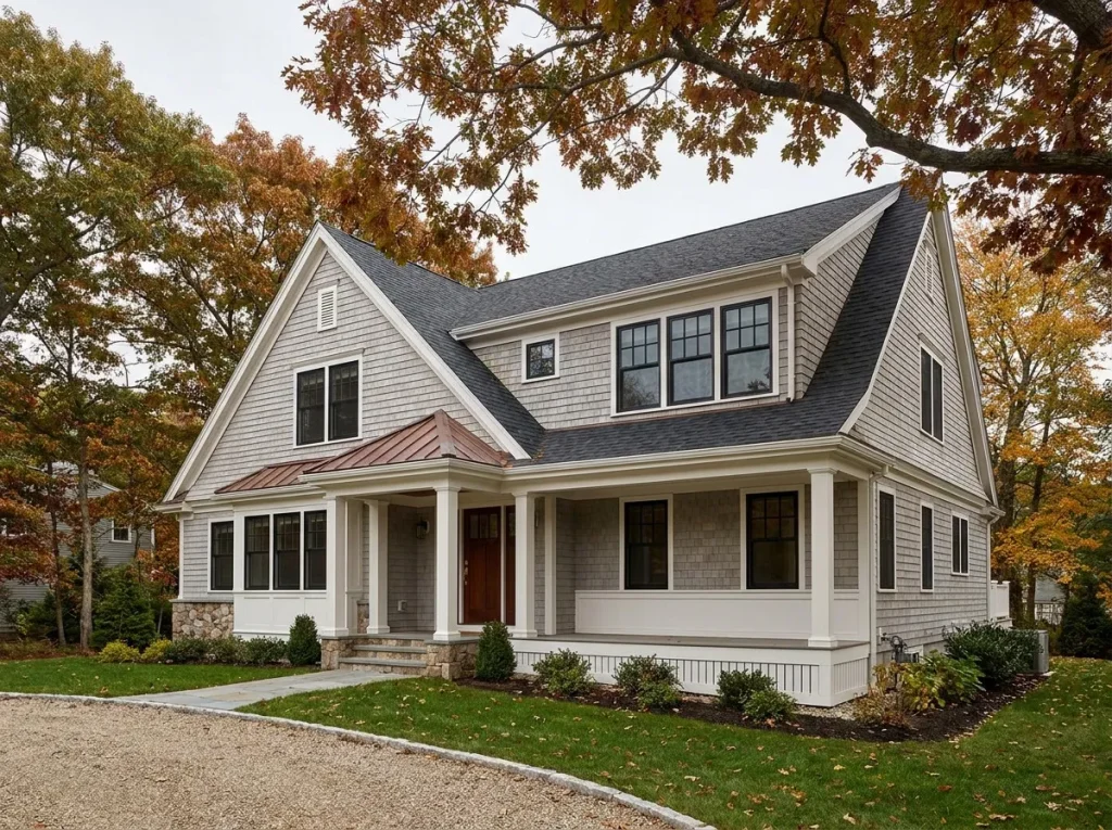 North Shore Massachusetts custom home exterior envelope showing cedar shingle siding, standing seam accent, and fiberglass windows during coastal fall daylight