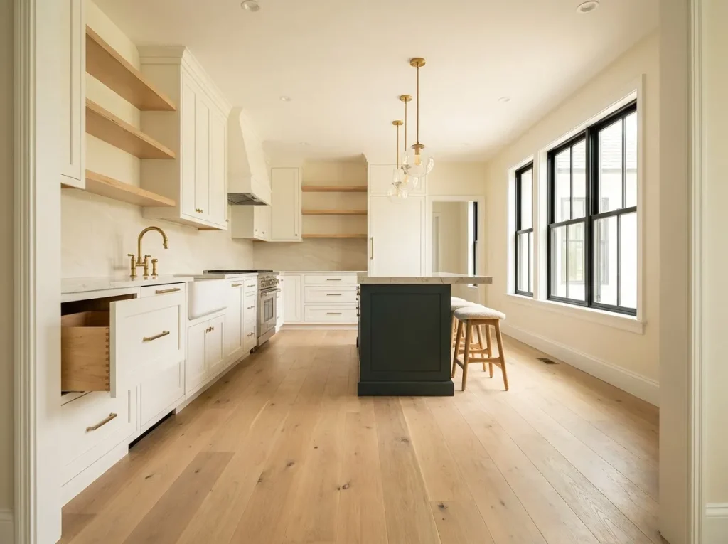 Custom home interior kitchen finishes with white oak wide-plank flooring, honed quartz countertops, and painted white cabinetry in a Massachusetts custom build