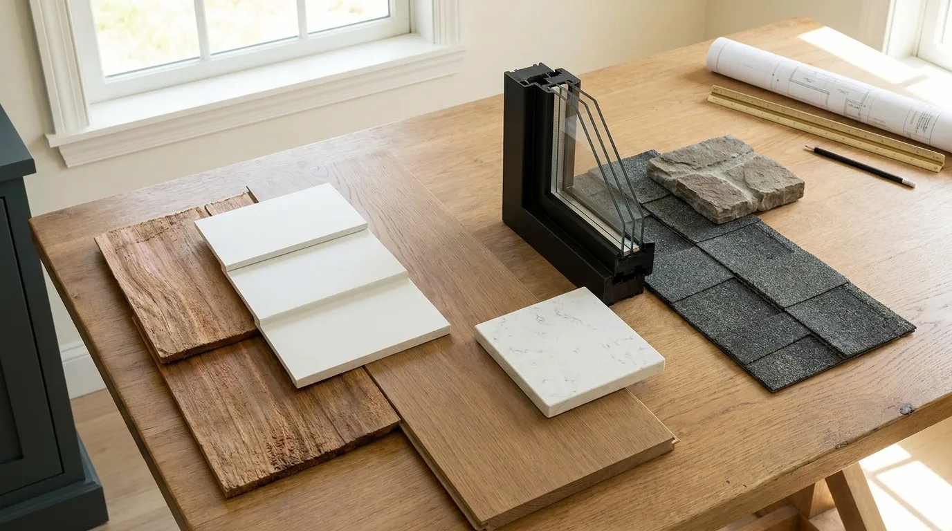 Custom home building materials selection with cedar shingle, fiber cement, oak flooring, and quartz samples for a Massachusetts North Shore build