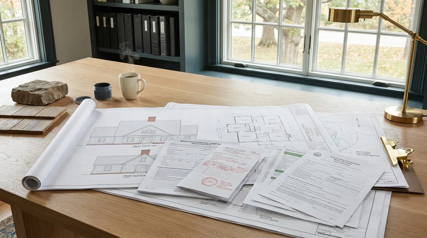 Massachusetts design-build permitting blueprints and building permit documents on Andover construction office desk