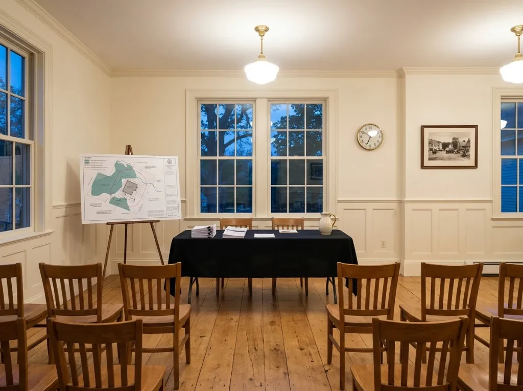 Conservation Commission hearing room with Massachusetts wetlands site plan and design-build project team presenting