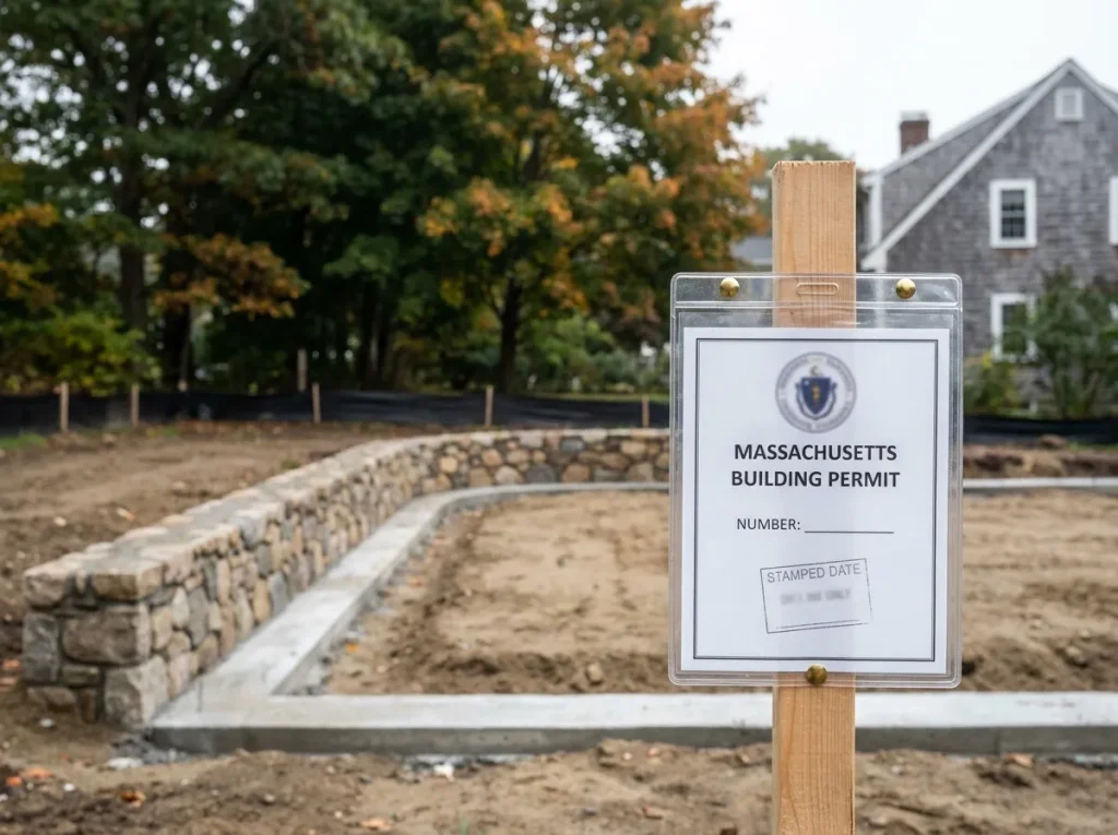 Massachusetts building permit card posted on Beverly residential construction site with foundation work beginning