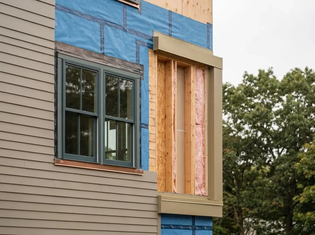North Shore Massachusetts multifamily building envelope showing fiber cement cladding, weather-resistive barrier, and window installation