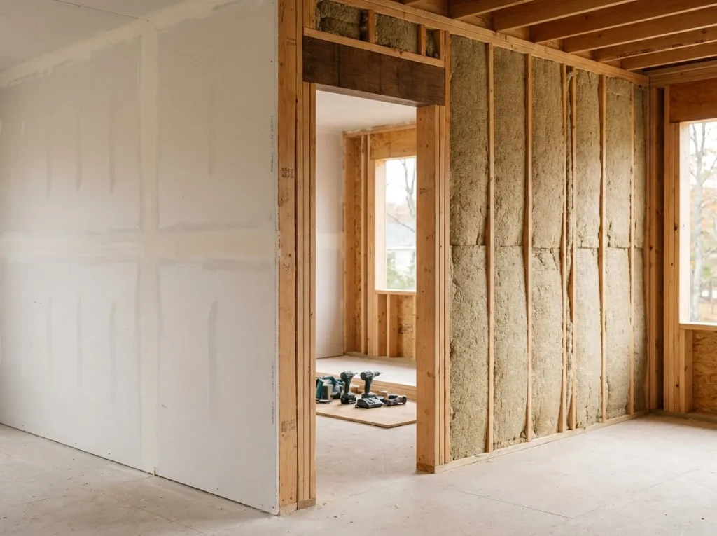 Fire-rated party wall assembly in a Massachusetts multifamily construction project with layered gypsum board and mineral wool insulation