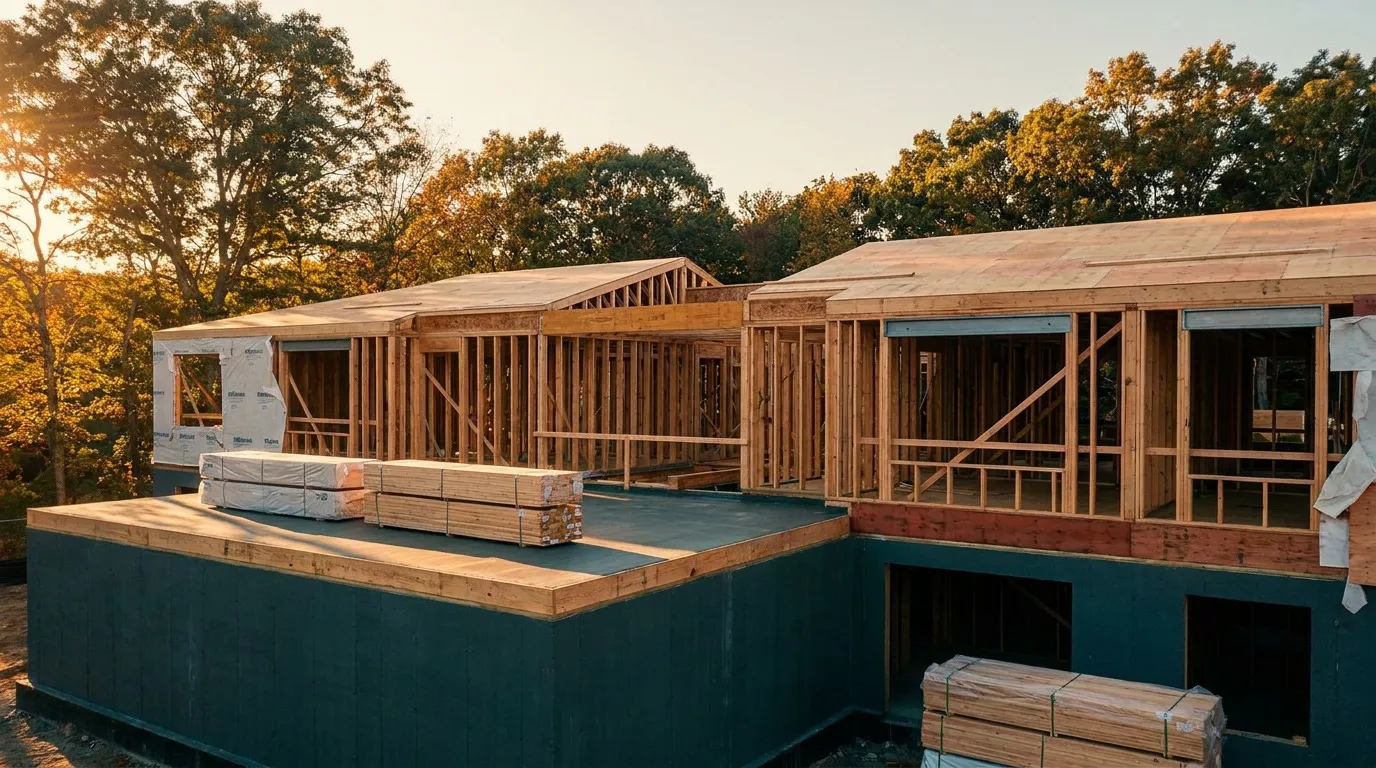 Multi-family construction materials on a North Shore Massachusetts podium apartment project showing wood frame over concrete base