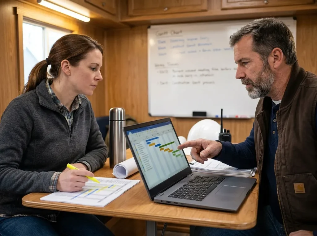 Two custom home construction managers reviewing a weekly project schedule on a laptop at a job site trailer table.