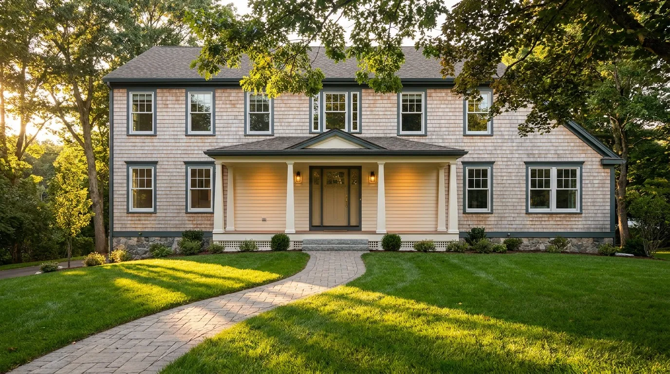 Whole home renovation in Massachusetts showing modernized North Shore colonial exterior after design-build remodel by Genesis Construction and Development