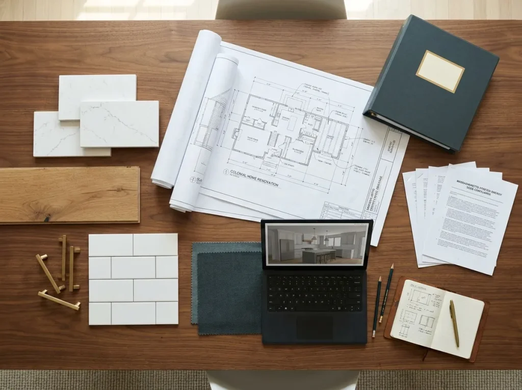 Design-build team reviewing whole home renovation floor plans and material samples at a Massachusetts project planning meeting