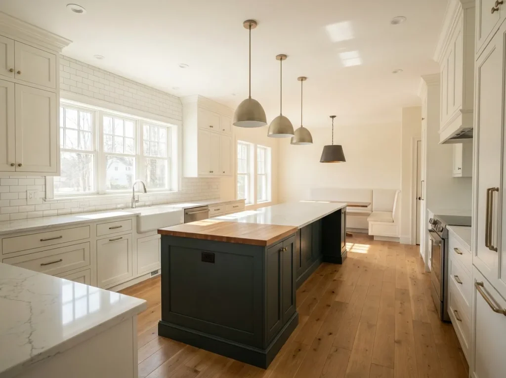 Whole house remodel design build kitchen with white shaker cabinetry, quartz island, and hardwood floors in Massachusetts North Shore home
