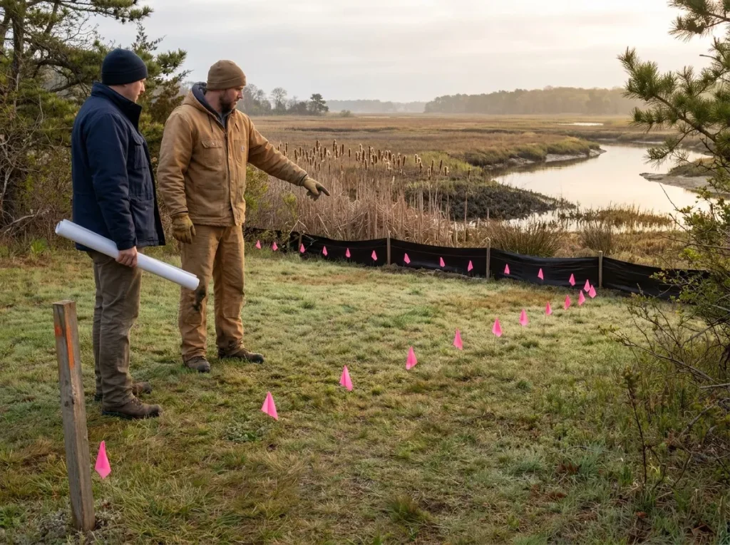 Site plan review at a coastal Massachusetts custom home lot with wetland buffer flags along a marshland edge in Newburyport