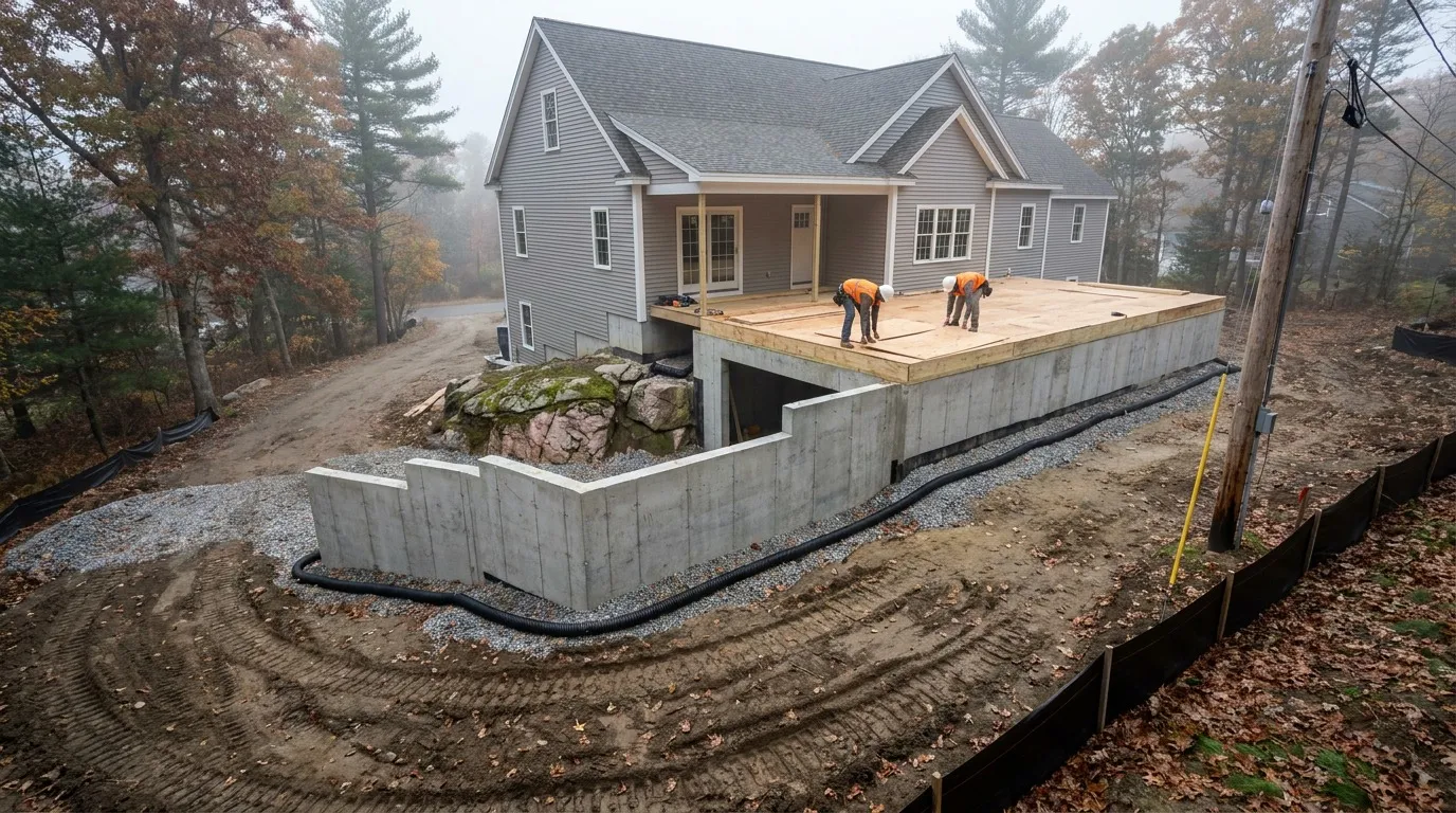 New custom home under construction on a sloped North Shore Massachusetts lot with stepped concrete foundation and exposed granite ledge