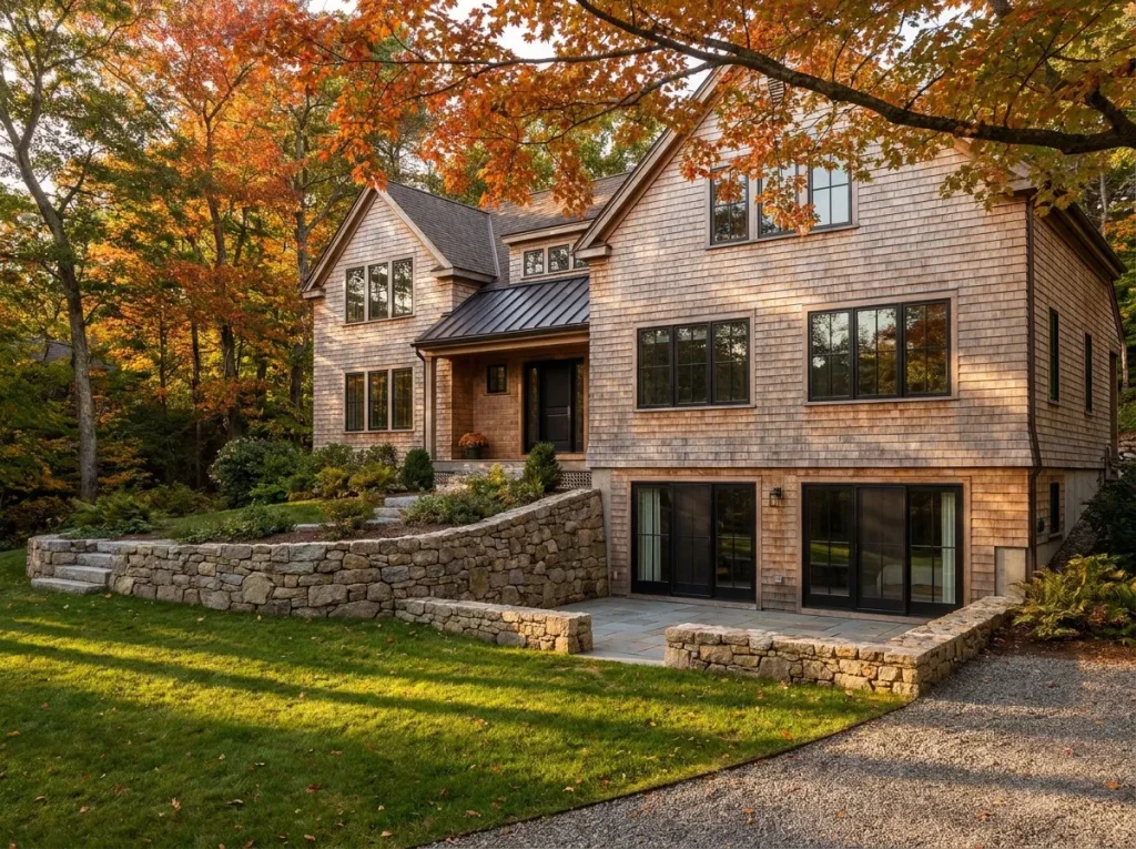 Completed custom home with finished walk-out basement built into a 20 percent hillside in Andover Massachusetts with stone retaining wall