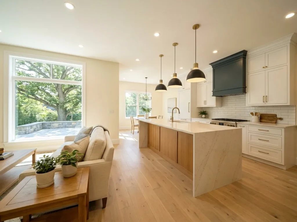 Owner unit interior of a new duplex build in Massachusetts showing bright open kitchen and living space with quartz counters shaker cabinets and hardwood flooring for owner occupied duplex