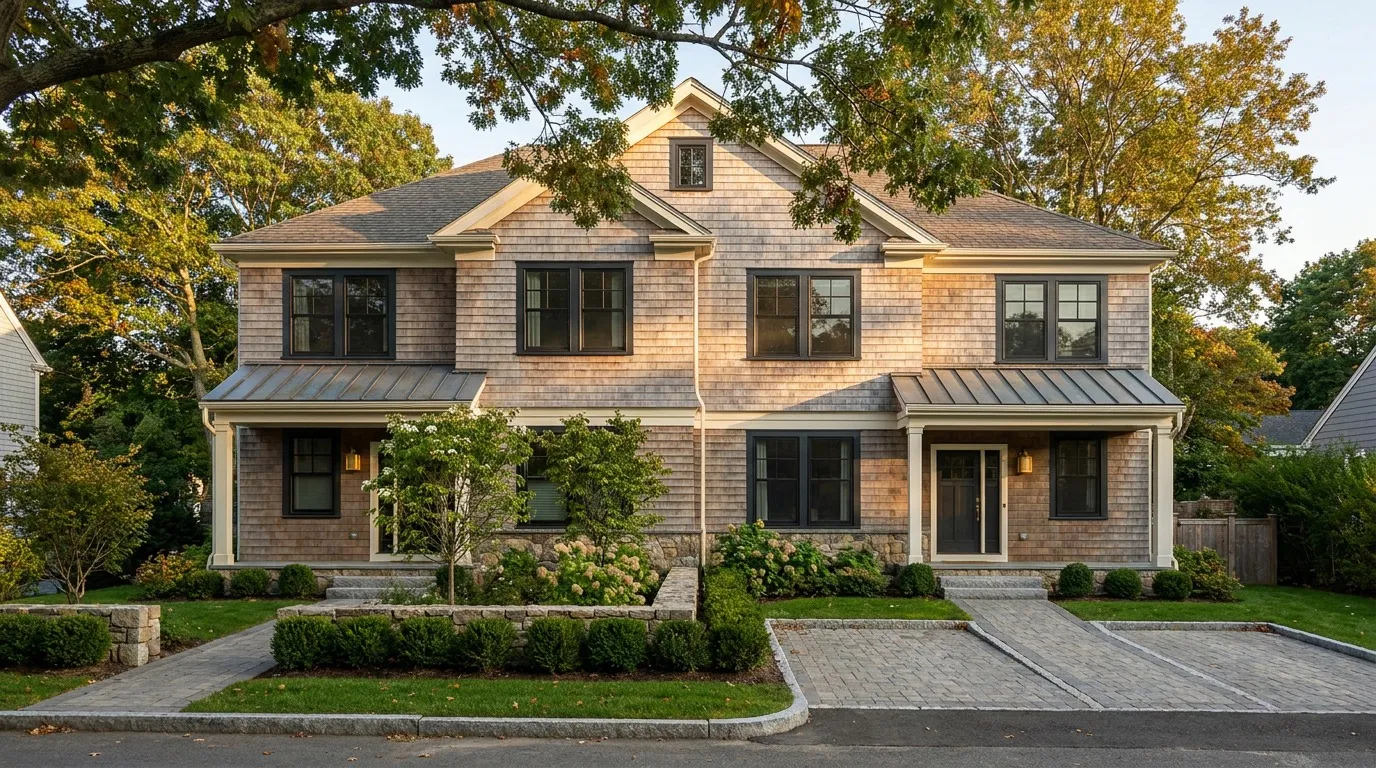 Newly built side-by-side duplex in North Shore Massachusetts showing two-unit design with separate entries mature landscaping and MBTA Communities Act zoning compliance