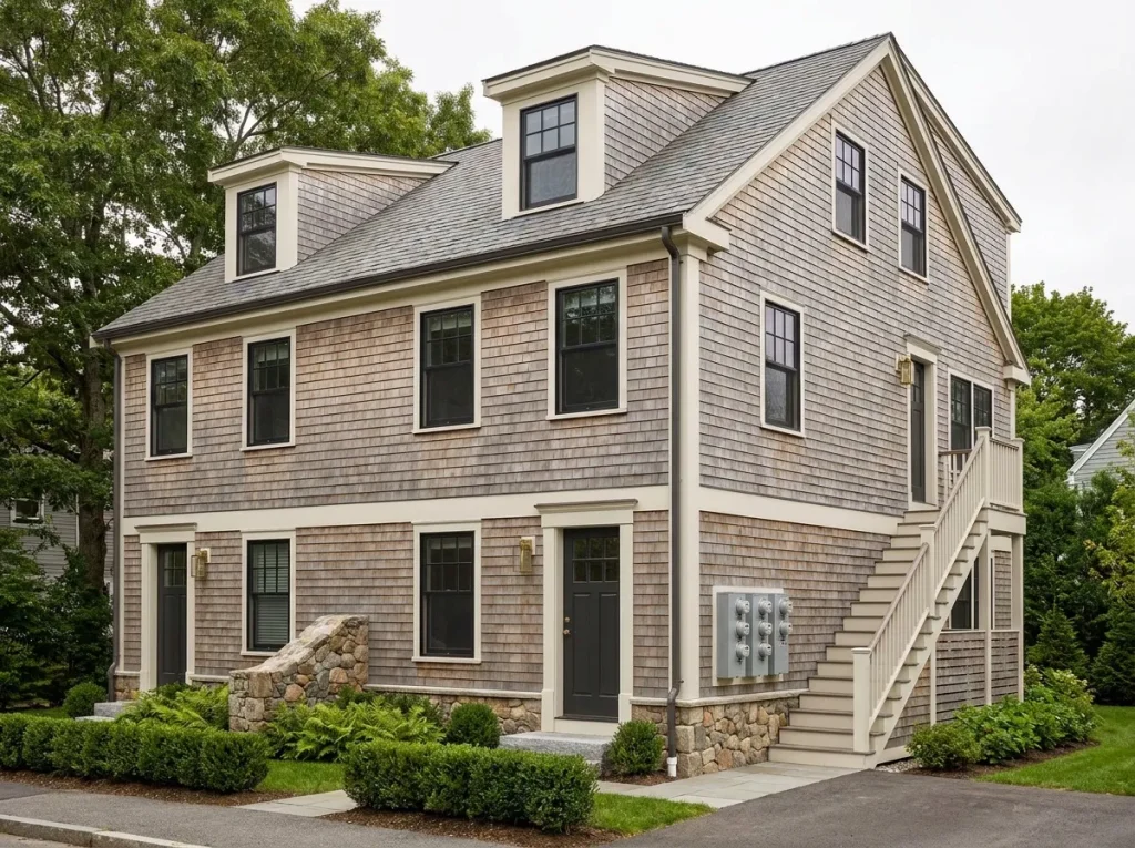 Newly constructed three unit triplex in Massachusetts showing stacked and side-by-side unit configuration with separate utility meters and ADU-compatible design for small multi family construction
