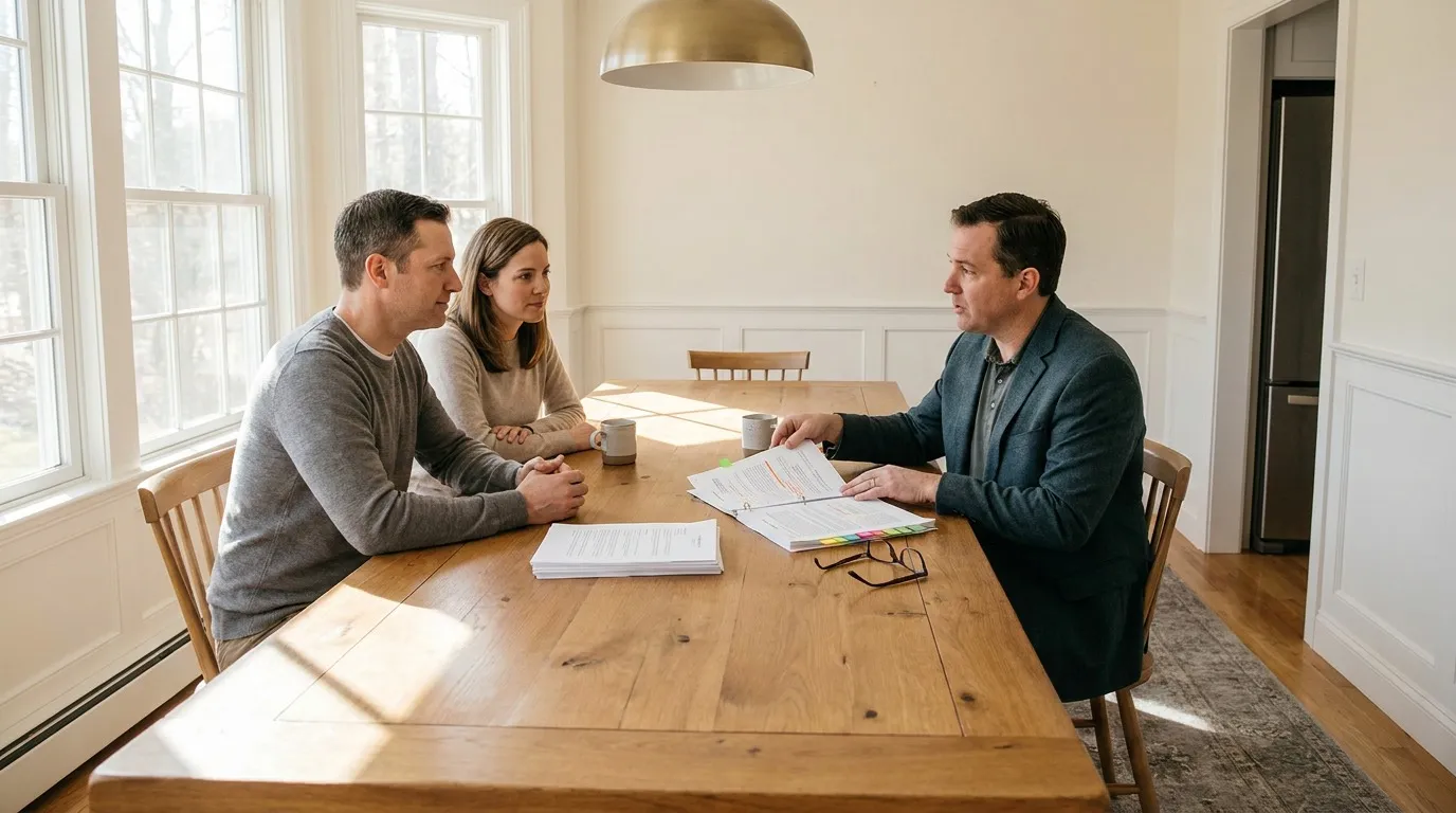 Massachusetts homeowners reviewing a design-build construction company contract with attorney before signing, licensing and insurance documents on table