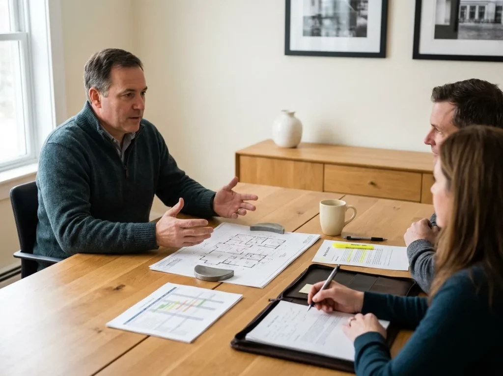 Homeowner and design-build construction company owner in final pre-signing meeting reviewing project supervisor assignment and warranty terms