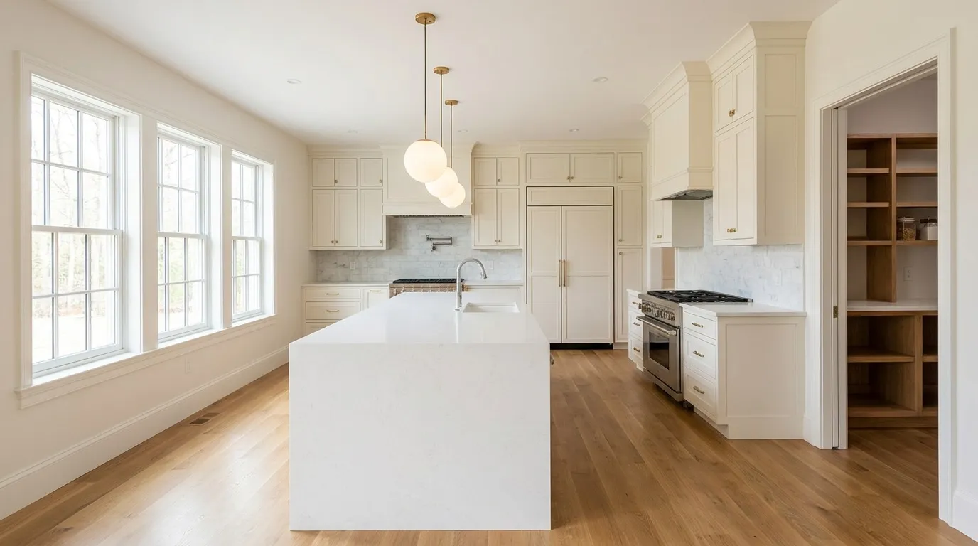Luxury custom home chef kitchen in Massachusetts with quartz island, white oak floors, and paneled appliances built by design-build contractor