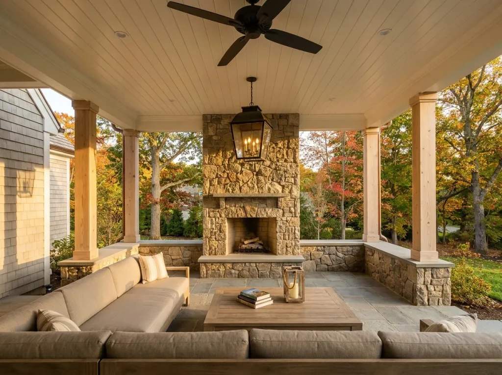 Covered outdoor living room with stone fireplace attached to a luxury custom home in MetroWest Massachusetts, showcasing high-ROI outdoor upgrade