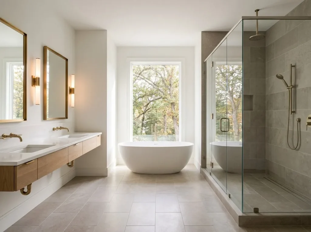 Spa-style primary bathroom in a luxury Massachusetts custom home with freestanding soaking tub, curbless shower, and heated tile floors