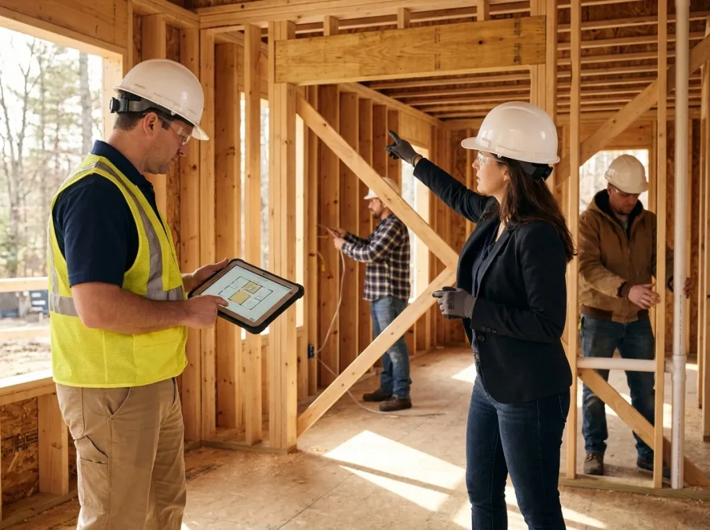 Design-build project manager and architect reviewing framing plans together on an active Massachusetts residential job site while subcontractors work in the background