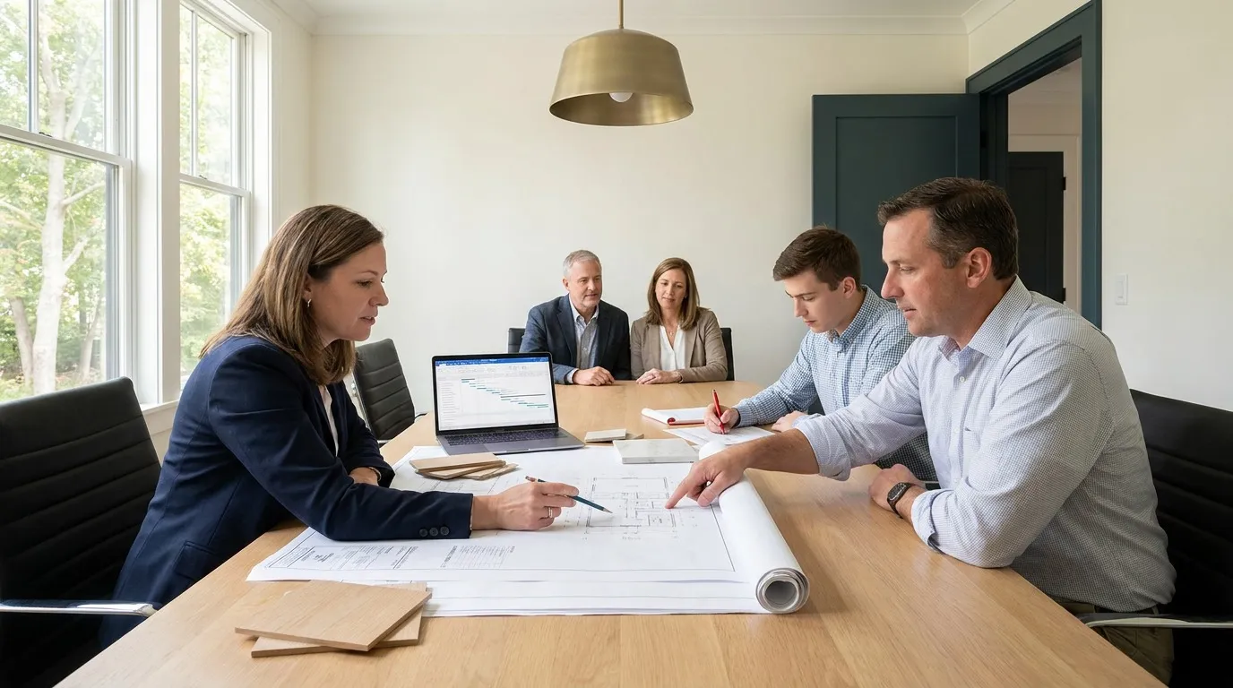 Design-build team meeting around a table with blueprints showing unified architect and builder accountability on a Massachusetts residential project