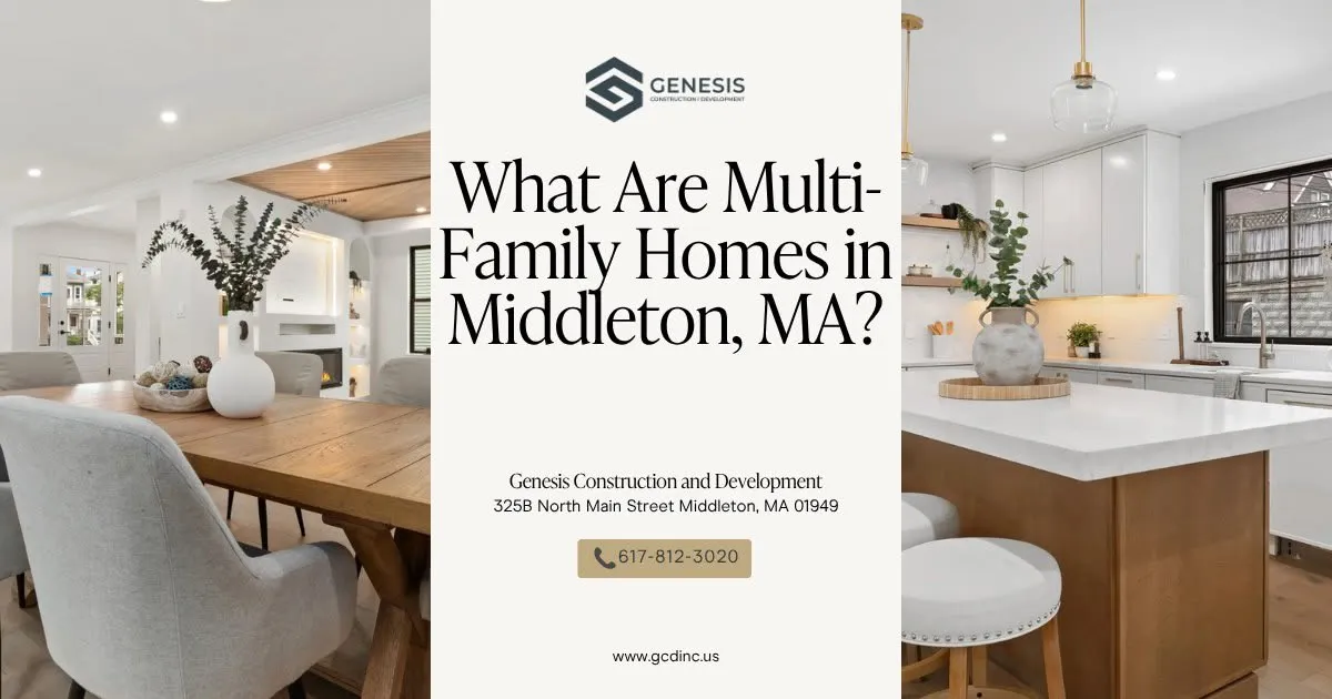 Genesis Construction and Development graphic about multifamily homes in Middleton, MA, featuring a modern dining area and kitchen