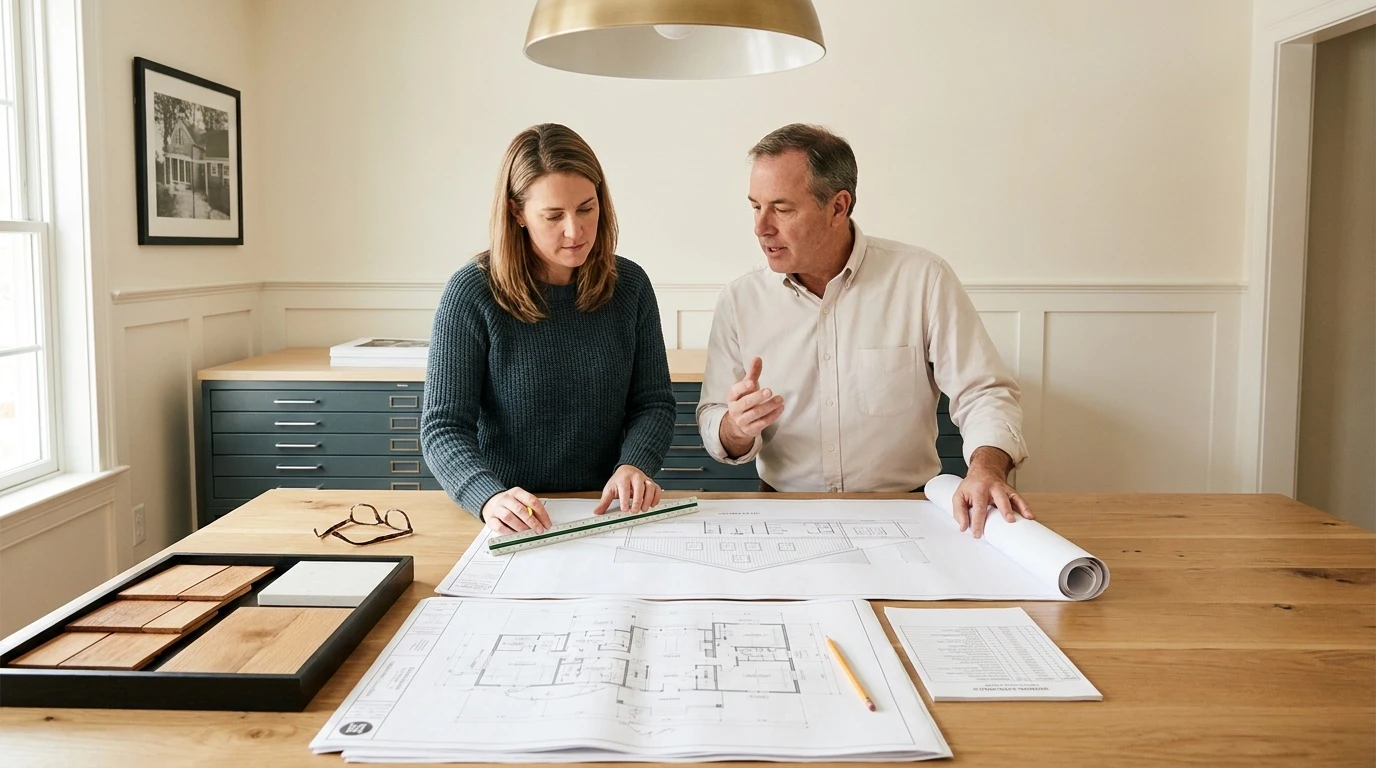 Architect and builder reviewing design drawings and material samples in a Massachusetts design-build meeting