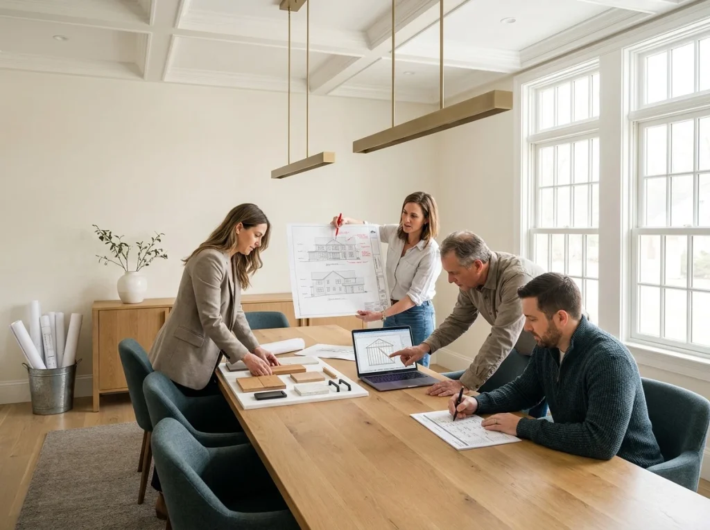Integrated design team of architect, interior designer, and engineer coordinating a Massachusetts residential project