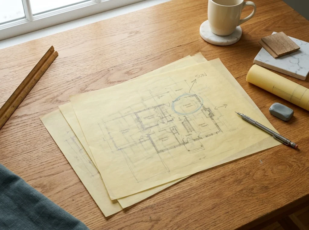 Schematic design sketches and floor plan options from the early design phase of a New England design-build home