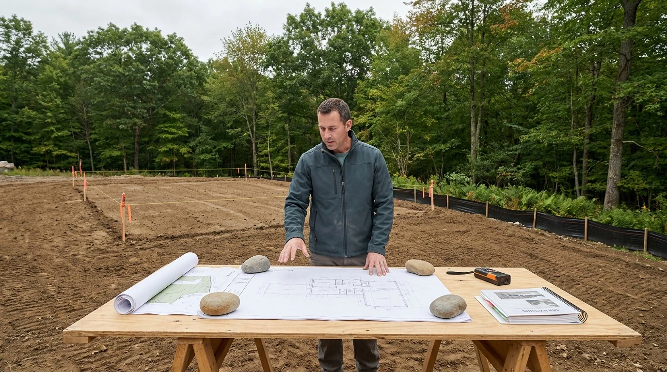 Homeowners and builder reviewing custom home construction plans on site in North Shore Massachusetts before breaking ground