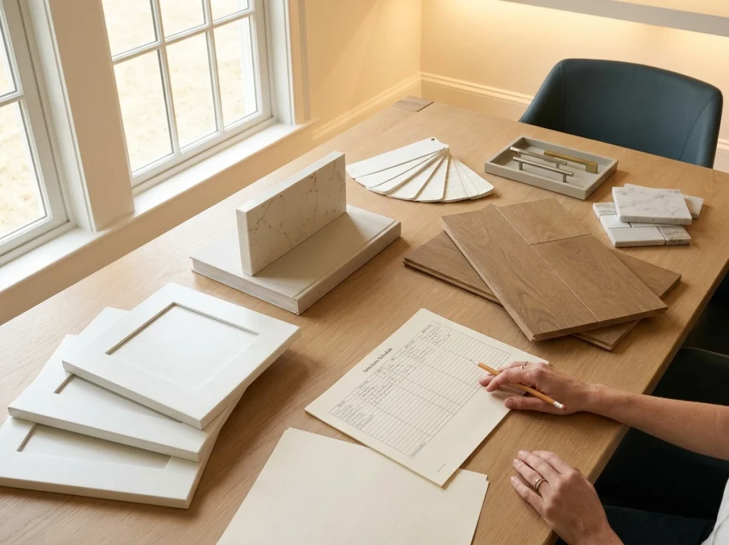 Material selections board with tile, cabinet, and countertop samples during Massachusetts custom home design