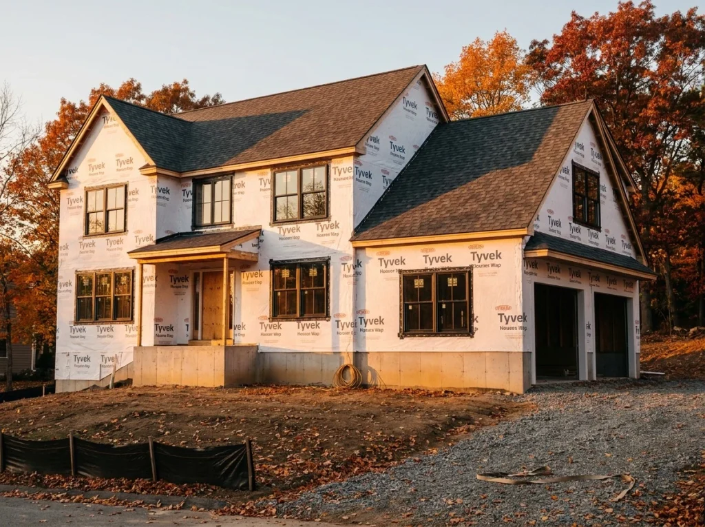 Custom home framed and weather tight before winter on a wooded North Shore Massachusetts lot with roof complete