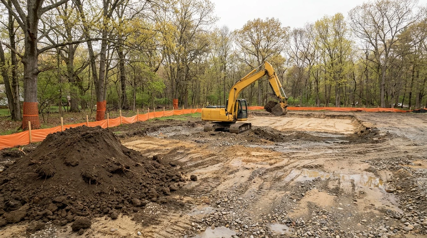 Excavator grading a cleared residential building pad during custom home site work on a wooded Massachusetts North Shore lot