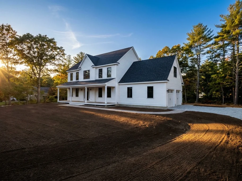 Finish grading and fresh topsoil around a completed Massachusetts custom home before lawn and landscape installation