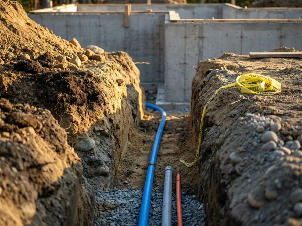 Open utility trench with water line and conduit running toward a new custom home foundation in Massachusetts