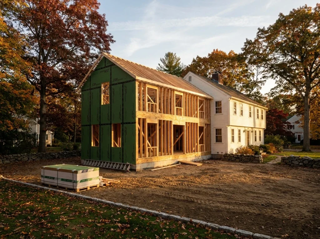 Framed addition on a Massachusetts colonial built to design-build drawings reviewed for constructability before permitting