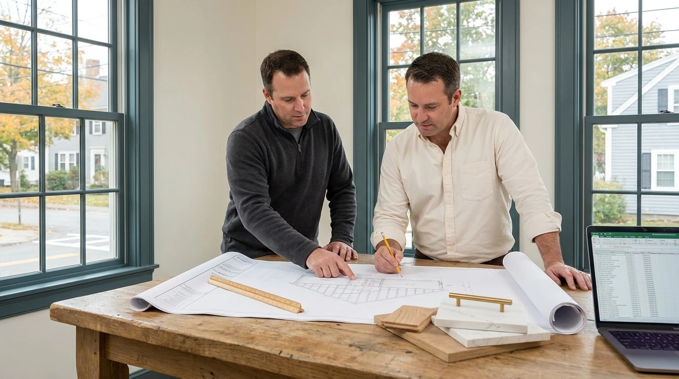 Design-build team reviewing drawings during preconstruction to prevent change orders on a Massachusetts home project