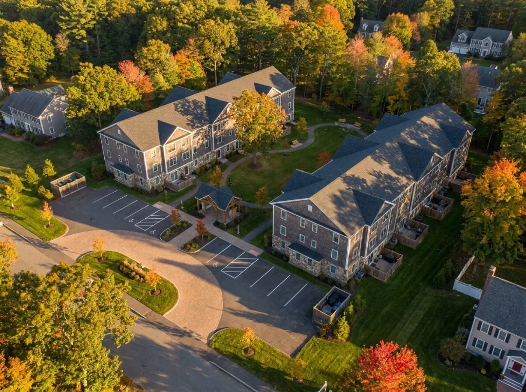 Autumn aerial view of a completed Massachusetts multi-family development showing site layout and parking