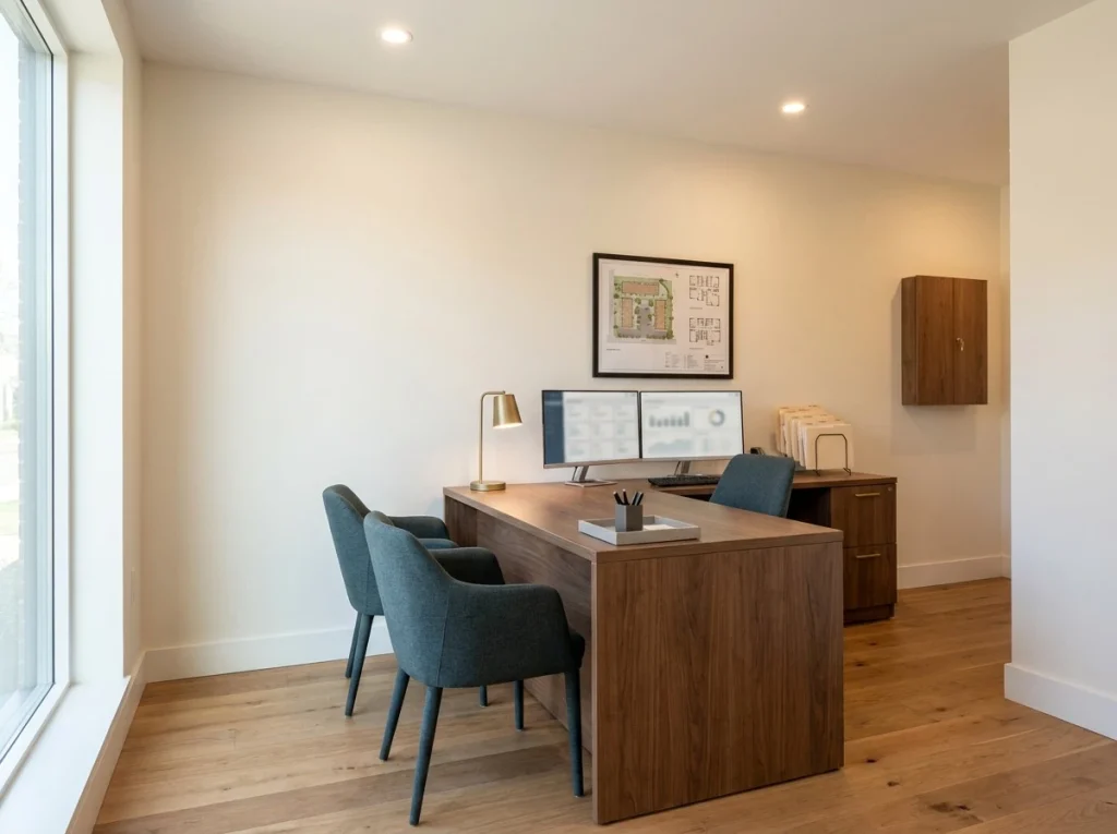 Leasing and management office in a new North Shore Massachusetts multi-family building with dashboard on screen