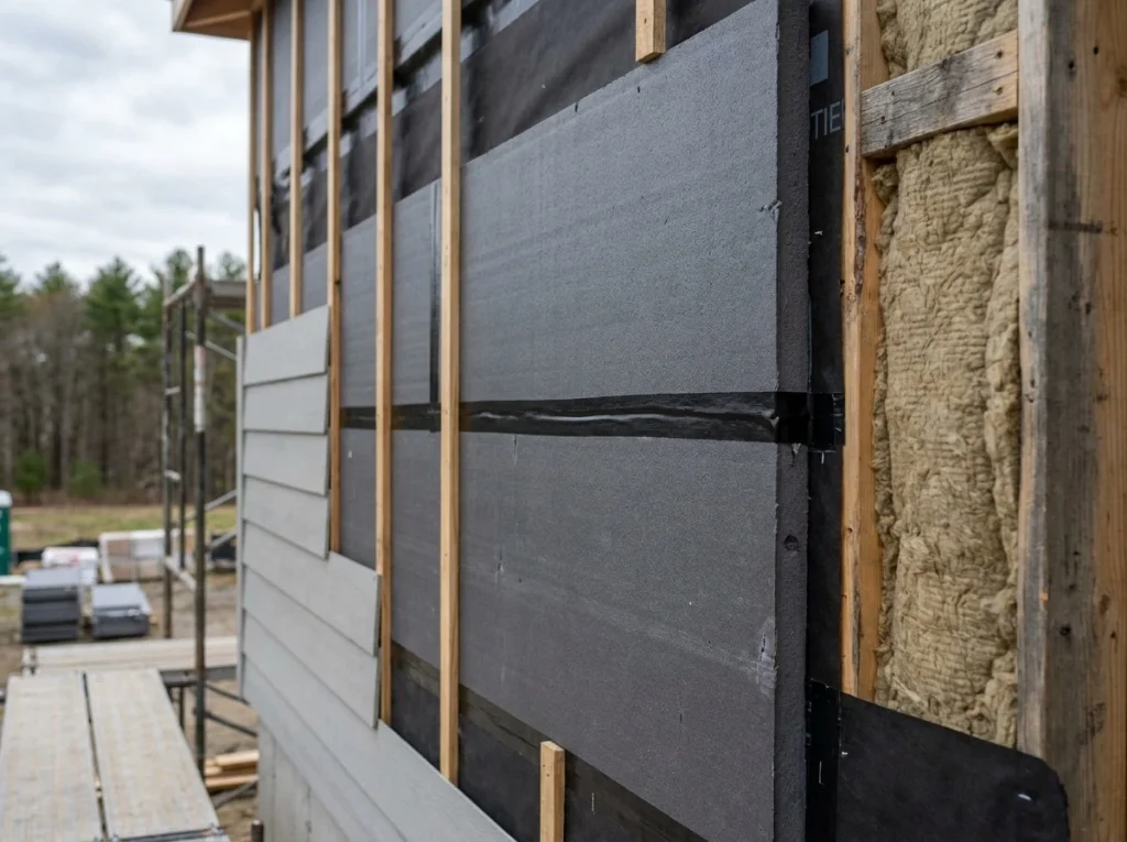 High-performance wall envelope on a Massachusetts multi-family project with continuous exterior insulation