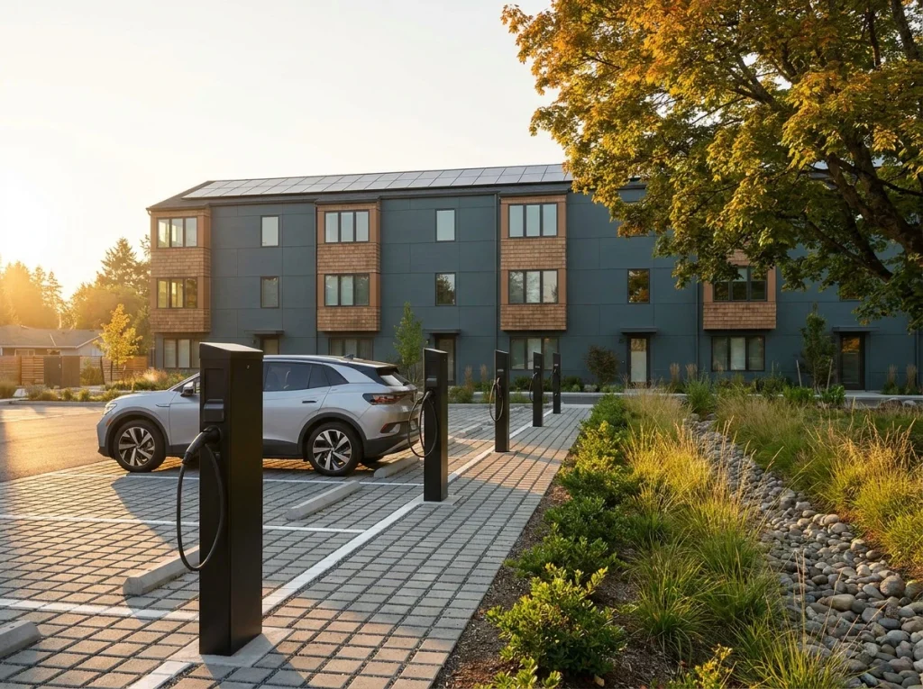 EV-ready parking and native landscape at a sustainable Massachusetts multi-family development