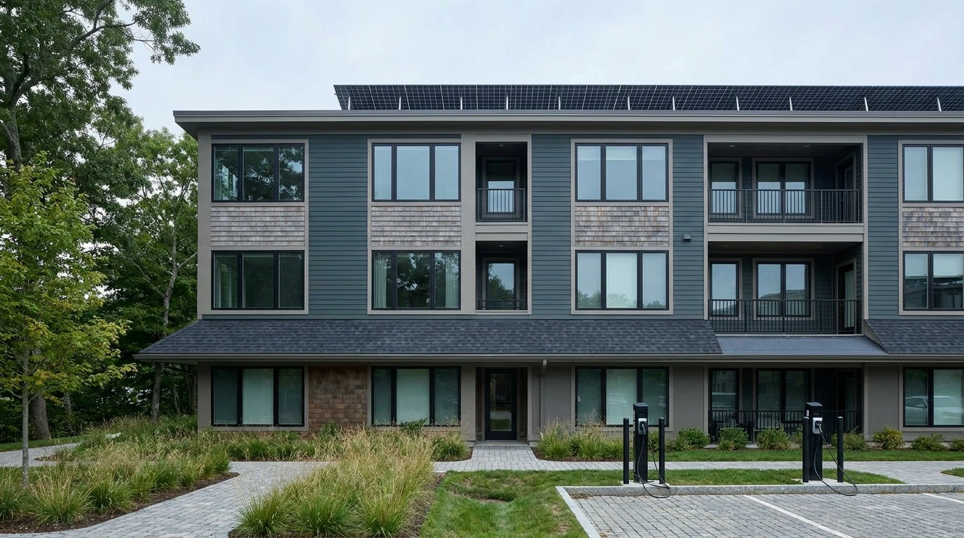 Sustainable multi-family building in North Shore Massachusetts with rooftop solar and high-performance envelope