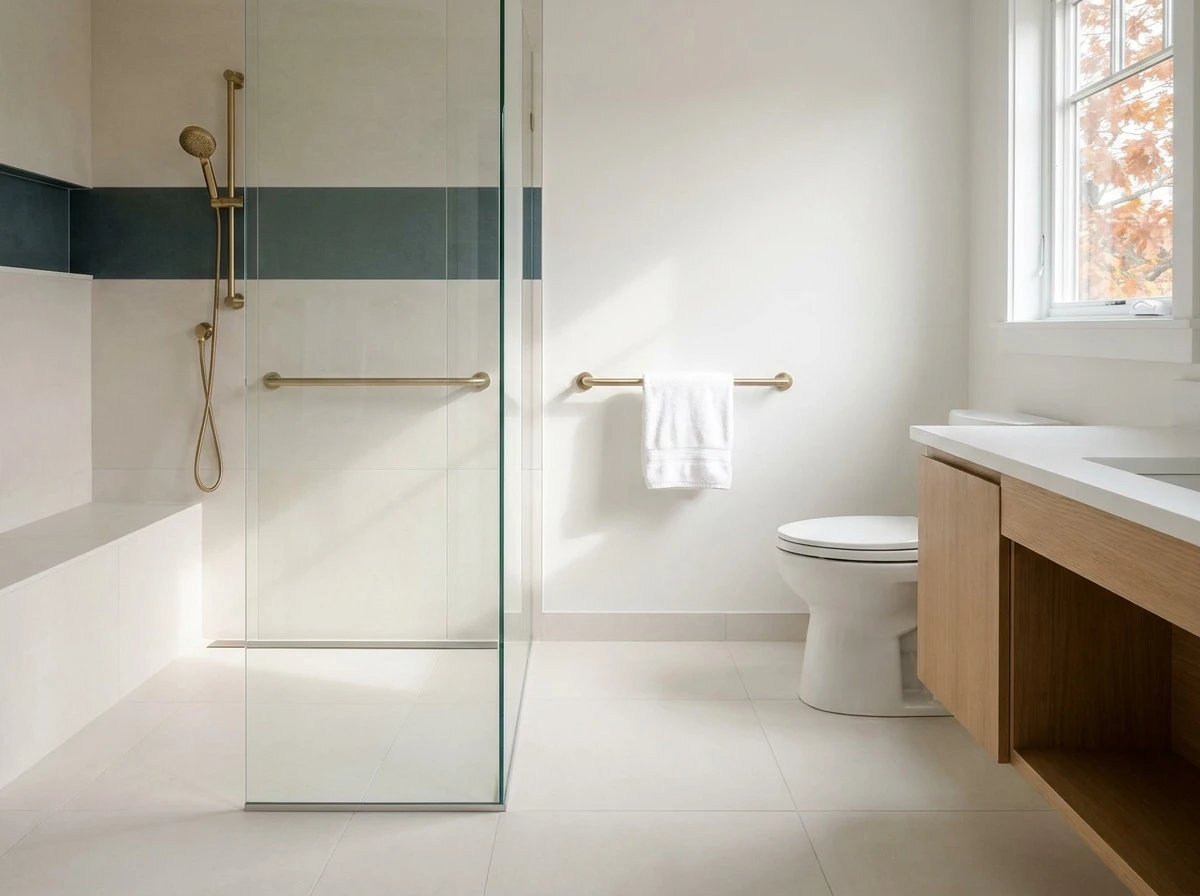 Curbless walk-in shower with a built-in bench and grab bar in a bright new bathroom of a Massachusetts custom home