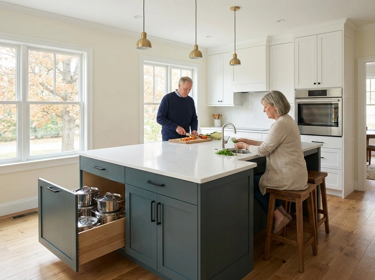 Couple cooking together at a kitchen island with a lowered prep counter and knee space in a new Massachusetts home