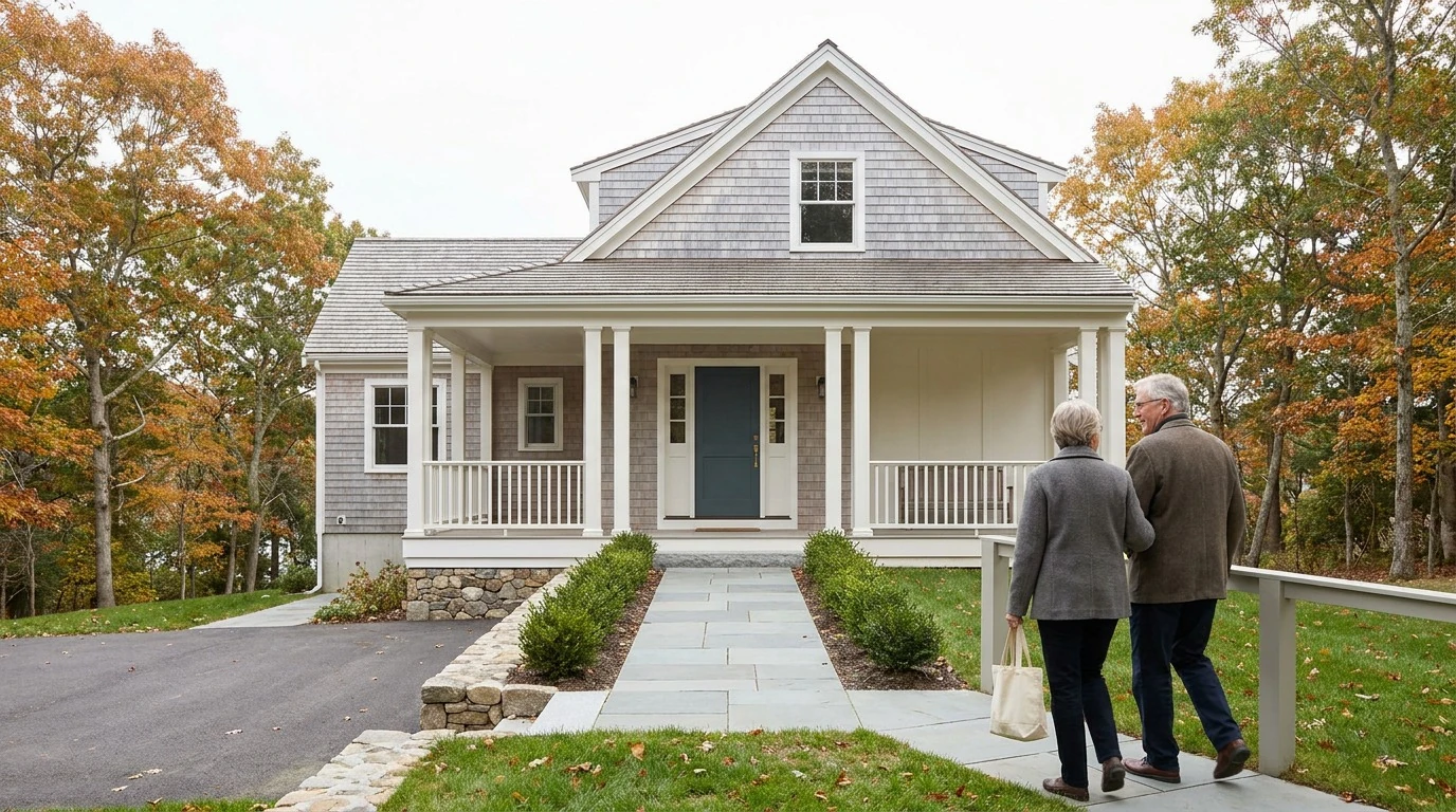 Older couple walking up a level, no-step front walk to a new shingle-style home on a wooded North Shore lot in autumn