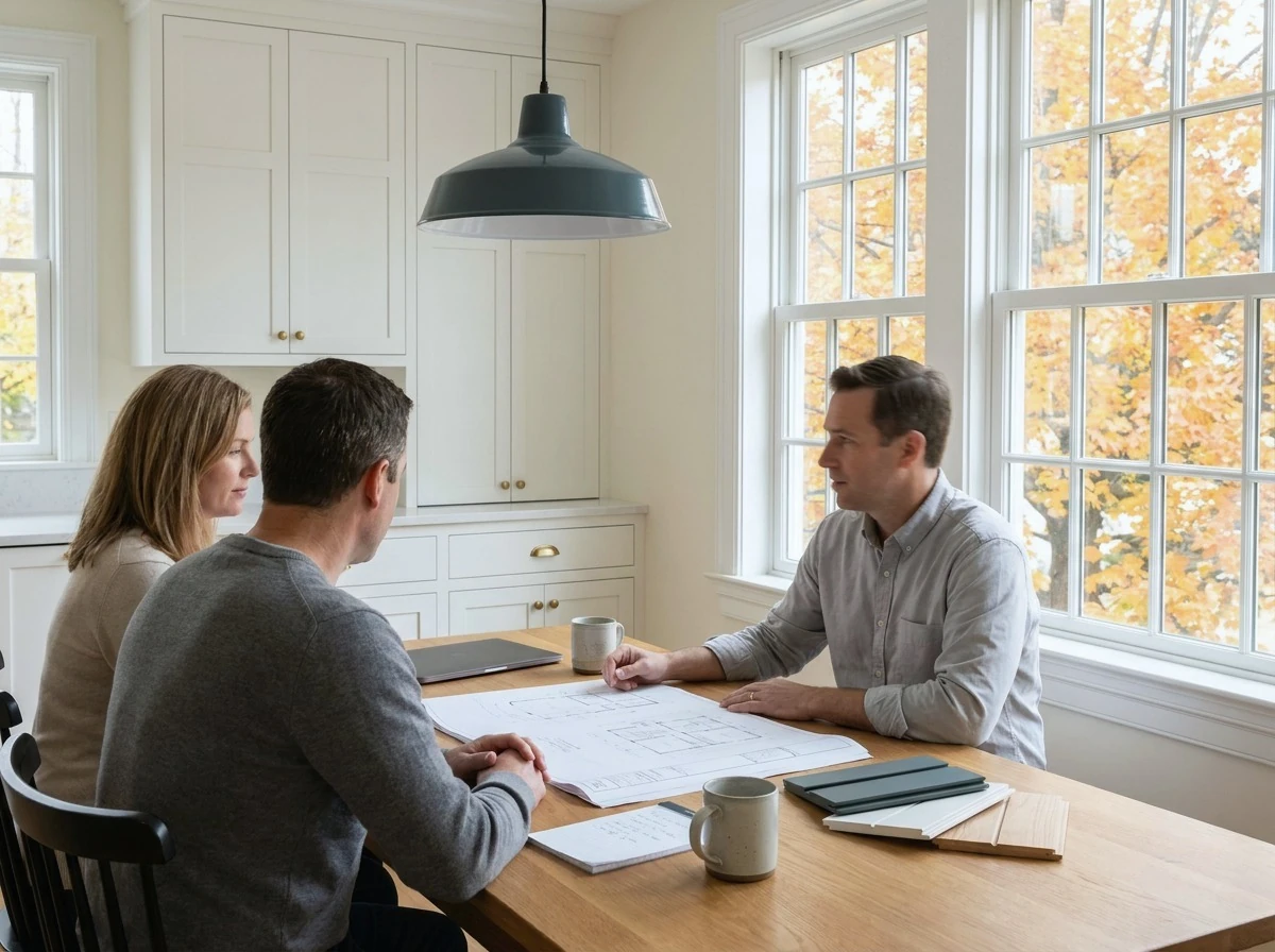 Homeowners and a designer reviewing addition plans at a kitchen table in a bright Massachusetts colonial home