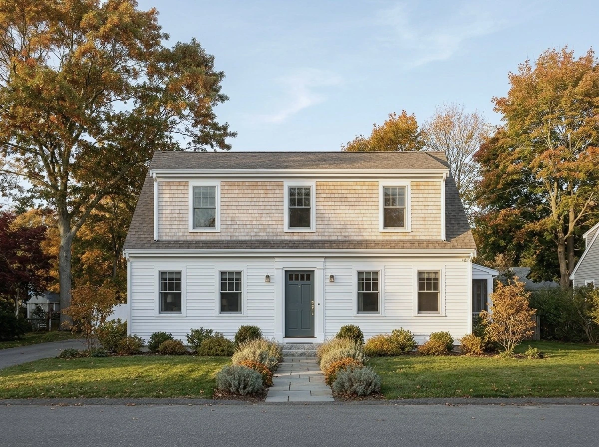 Finished second-story addition with cedar shingle siding on a cape style home in a North Shore Massachusetts neighborhood
